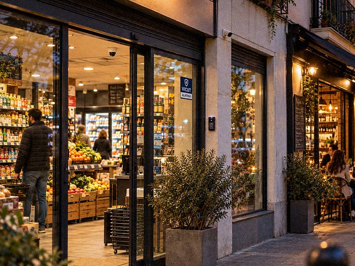 Fachada de un comercio en Madrid al anochecer con cámara de seguridad y cartel de alarma de VICUT